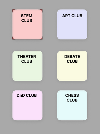 menu showing various club titles in different colors
